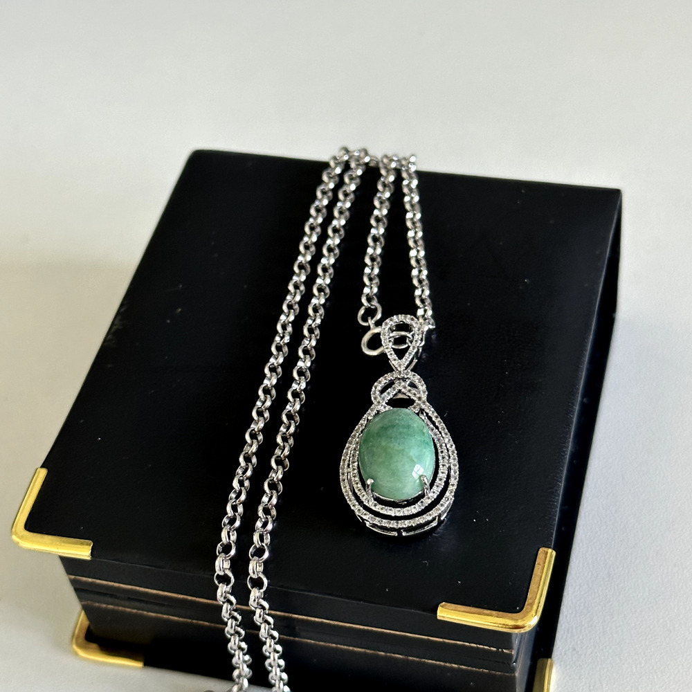 925 Sterling Silver Natural Emerald & White Sapphire Pendant Necklace $1,050 - Picture 5 of 10